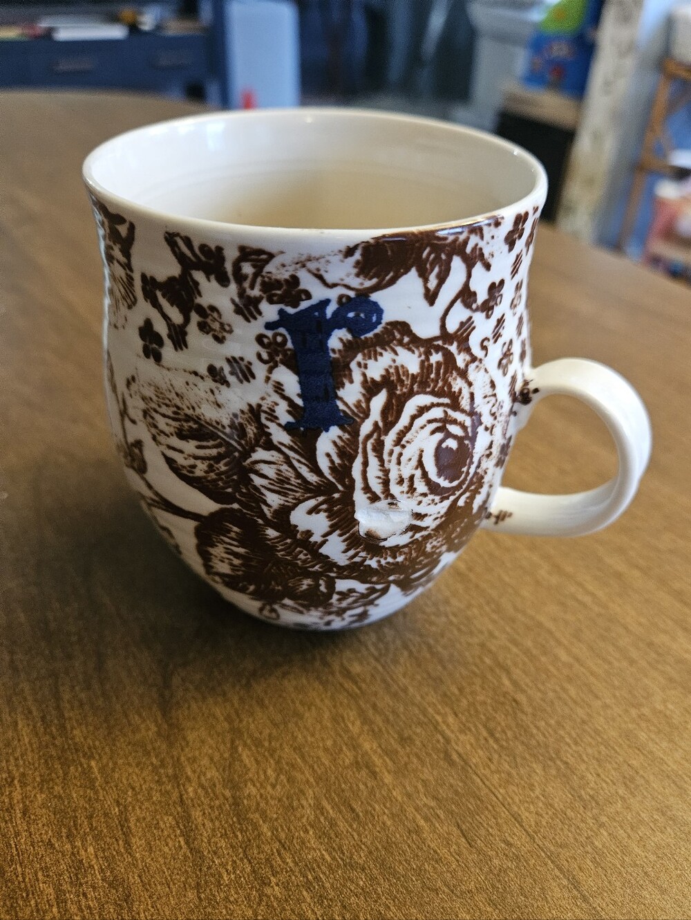 Anthropologie Homegrown Monogram Mug, Initial "R", Brown And White